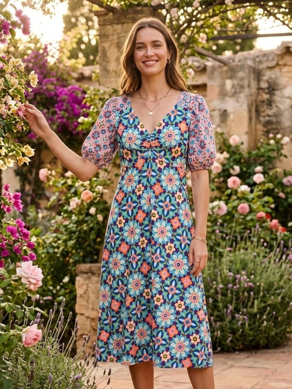 Donna Morgan Women's Retro Geometric Mod Floral Puff Sleeve Midi Dress Size 8